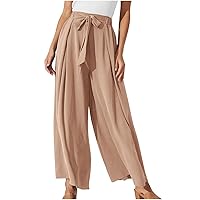 Women's Tie Knot Wide Leg Pants with Pockets Business Work Lightweight High Waisted Loose Fit Flowy Palazzo Trousers