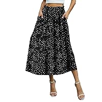 Womens Midi Skirt Casual High Waist A-Line Pleated Chiffon Long Skirts with Pockets