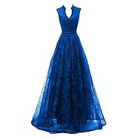 Women's V Neck Beaded Prom Dress A Line Sleeveless Evening Party Gowns Keyhole Back