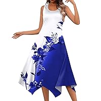 Womens Fashion Sleeveless Midi Dress 2024 Spring Summer Floral Print Boho High Low Dress Trendy Flowy Ruched Swing Dress