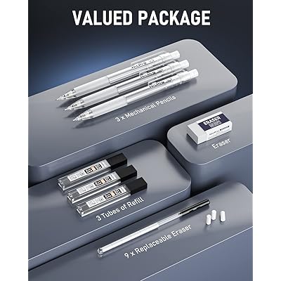  Nicpro Mechanical Pencils Set, 3PCS Mechanical Pencil 0.5 with  3 Tubes HB Lead Pencil 0.5mm,1 PCS Eraser & 9 PCS Eraser Refill, White  Drafting Pencil with Great Grip for Drawing