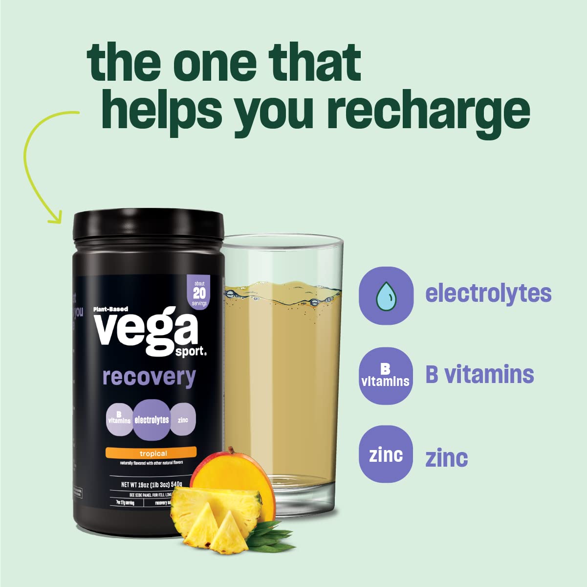 Vega Sport Recovery Tropical (20 Servings) Post Workout Recovery Drink for Women and Men, Electrolytes, Carbohydrates, B-Vitamins, Vitamin C and Protein, Vegan, Gluten Free, Dairy Free, 1.2lbs