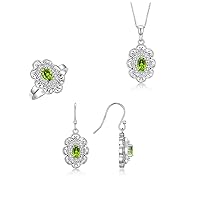 RYLOS Women's Sterling Silver Floral Pattern Halo Pendant Necklace, Earrings & Matching Ring. Gemstone & Genuine Sparkling Diamonds, 18