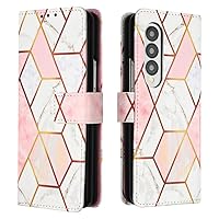 Compatible with Galaxy Z Fold3 Case Wallet Marble Leather Flip Cases Cover with Credit Card Holder for Women Pink and White with Wristband