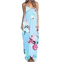 Women's Bohemian Casual Summer Swing V-Neck Trendy Dress Beach Foral Print Hawai Sleeveless Long Floor Maxi Flowy Blue