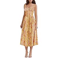 Boho Floral Spaghetti Strap A-Line Dress Women Lace-Up Corset Sexy Low Neck Midi Dress Summer Flowy Bustier Sundress