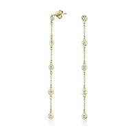 Classic Elegance Minimalist Long Thin Linear 5 Station CZ Cubic Zirconia By The Inch Threader Dangle Earrings For Women 14K Yellow Gold Plated .925 Sterling Silver