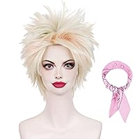 Short Blonde Weird Wig for Women, Light Blonde Mixed Pink Blue Fluffy Spikied Wig + Wig Cap for Halloween Costume Party Cosplay