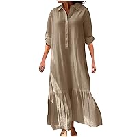 Women Long Sleeve Button Maxi Shirt Dress Summer Casual Cotton Linen Lapel Long Dresses Loose Swing Ruffle Beach Dress