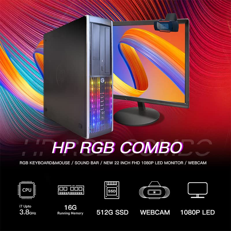 HP Elite RGB Desktop Computer PC, Intel Core i7 up to 3.8GHz, 16G RAM, 512G SSD, New 22 inch FHD LED Monitor, RGB Keyboard and Mouse, RGB BT Sound Bar, Webcam, WiFi, BT 5.0, Windows 10 Pro (Renewed)
