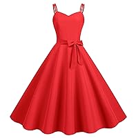 Wellwits Women's Double Strap Satin Tie Polka Dots Flare A Line Vintage Dress