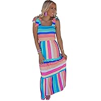 Wolddress Casual 2023 Summer Maxi Dresses for Women Multicolor Color Block Striped Bow Knot Straps Maxi Dress
