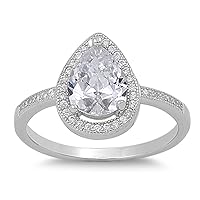 Sterling Silver Pear Simulated Diamond Halo Ring (Size 4-9)