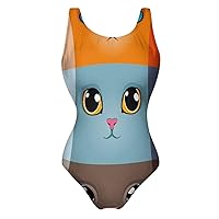 Cute Kitten Cat Faces One Piece Swimsuit for Women Tummy Control Bathing Suit Slimming Backless Swimwear