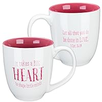 Christian Art Gifts Ceramic 14 oz Coffee Mug for Teachers Let all that you do be done in LOVE – Corinthian 16:14 Inspirational Bible Verse Love Coffee Cup Big Heart, Pink and White