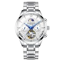 Guanqin Men's Analogue Automatic Self-Winding Mechanical Skeleton Watch with Stainless Steel / Leather Band Moon Phase Luminous