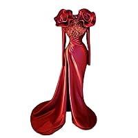 Rose Flowers Satin Mermaid High Split Prom Evening Wedding Shower Party Dress Celebrity Pageant Gala Gown