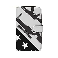 US Flag Guns Womens Leather Wallets Slim Card Holder Purse RFID Blocking Bifold Clutch Handbag Zippered Pocket
