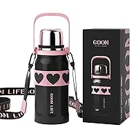 32 oz Thermos for Hot and Cold Drinks,18/10 Stainless Steel Insulated Coffee Thermos Water Bottle with Lid, Carrying Strap,Strainer,7-Layer Wall,Wide Mouth - Black, Pink
