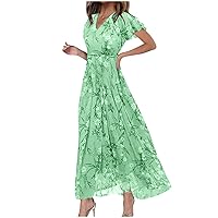 Elegant Floral Print A-Line Dress Women's Boho Summer Short Sleeve V Neck Beach Dress High Waist Swing Maxi Dresses