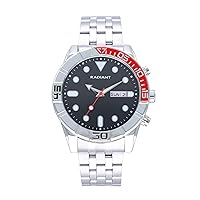 Radiant - Zanzibar Collection - Analogue and Automatic Watch Men's Wristwatch with Red Silver Dial and Stainless Steel Strap, Size 44 mm, 5ATM., Black/White, Modern