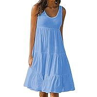 Sundress for Women 2024 Summer Dress Solid Round Neck Sleeveless Tank Dress Beach Dress Swing Dress Loose Midi Dress