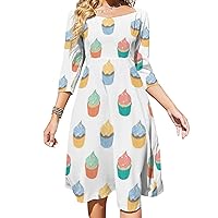 Delicious Cup Cake Cream Midi Dresses for Women Tie Flared A-Line Swing 3/4 Sleeves Cute Sundress