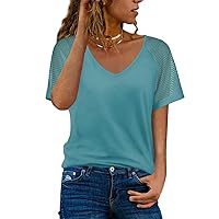 WEESO Casual T Shirts for Women V Neck Mesh Short Sleeve Summer Tops Loose Fit Dressy