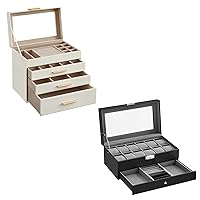 SONGMICS 4-Layer Jewelry Box and 12-Slot Watch Box Bundle, Jewelry Organizer with Glass Lid, 2-Layer Lockable Watch Case, Drawers, Cloud White and Black UJBC161W01 and UJWB012