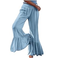 Women's Bell Buttom Palazzo Casual Wide Leg Pants Elastic High Waist Flowy Pleated Baggy Flare Pants Trouser