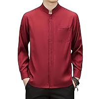 Men's Solid Color Long-Sleeved Shirt Chinese Clothing Mens Casual Business Tops Pocket Embroidered Shirts