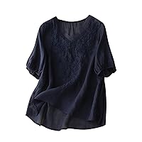 Women Cotton Linen Sheer Mesh Trim V Neck Pullover Tops Summer Half Sleeve Embroidery Flower Fashion Casual T-Shirts