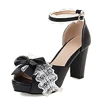 Women Fashion Sweet Bownot Lace D'Orsay Lolita Princess Single Shoes High Heels Ankle Strap Peep Toe Maid Mary Jane Pumps