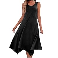 Midi Tank Dress for Women Crew Neck Sleeveless Summer Dresses Flowy Solid Loose Swing Sundress Cute Casual Dress