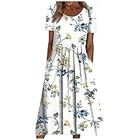 Maxi Dress for Women Summer Casual Pleated Linen Maxi Dress Long Sleeve Crew Neck Loose Dresses with Pockets