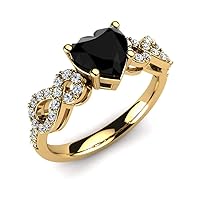 1.25 Ct Round & Heart Cut Black & Sim Diamond Engagement Ring 14K Yellow Gold Plated
