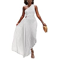 Vaceky Women's Pleated One Shoulder Dress Sexy Summer 2023 Sleeveless Cut Out Waist Ruffle Tiered Maxi Dresses…