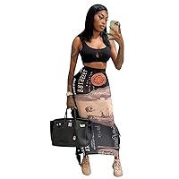 Womens Sexy 2 Pieces Tube Top Dollar Print Tassel Dress Set Nightclub Clubwear Dress Set