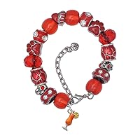 Silvertone Enamel Tropical Drink - Red Paw Print Bead Bracelet, 7