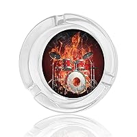 Rock Roll Drums Flame Drummer Skull Cigarettes Glass Ashtrays Table Top Cigar Ash Tray with Funny Graphic for Indoor Outdoor Decoration Craft