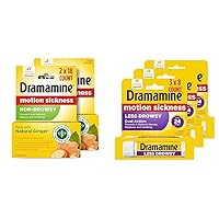 Dramamine Motion Sickness Relief, Non-Drowsy Ginger Capsules, 18 Count, 2 Pack + Less Drowsy Tablets, 8 Count, 3 Pack