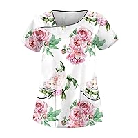 Scrubs Tops for Women,Scrubs for Women V Neck Short Sleeve Medical Nursing Shirts Printing Stretchy Cute Working Uniform Top with Pocket 100 Days of School Shirt