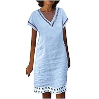 Women's Casual V Neck Cotton Linen Midi Dress Summer Short Sleeve Knee Length Dresses Fashion Cut Out Patchwork Dress