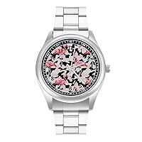 Pink Camo Flamingo Fashion Wrist Watch Arabic Numerals Stainless Steel Quartz Watch Easy to Read