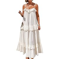 Women's Spaghetti Strap Long Cami Dress Casual Loose Scoop Neck Back Tie-Up Swing Tiered Ruffled Dress