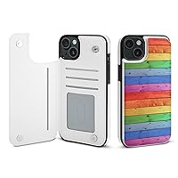 Wooden Rainbow Gay Pride LGBT Wallet Flip Case for iPhone 15/iPhone 15 Plus/iPhone 15 Pro/iPhone 15 Pro Max Kickstand Phone Cover with Card Slots Holder