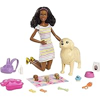 Barbie Doll and Pets, Brunette Doll with Mommy Dog, 3 Newborn Puppies with Color-Change Feature and Pet Accessories