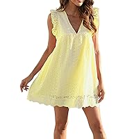 Womens Summer Elegant Eyelet V Neck Ruffle Cap Sleeve Tank Babydoll A Line Mini Dress Flutter Midi Dresses Contemporary Dress