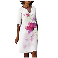 Summer Dresses for Women 2024 Casual Vintage V Neck Half Sleeve Floral Print Knee Length Baggy Comfort Basic Dress