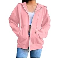 Hooded Zip Up Sweatshirt Women Pockets Solid Color Coats Pullover Long Sleeve Baggy Fall Winter Cardigan Jackets